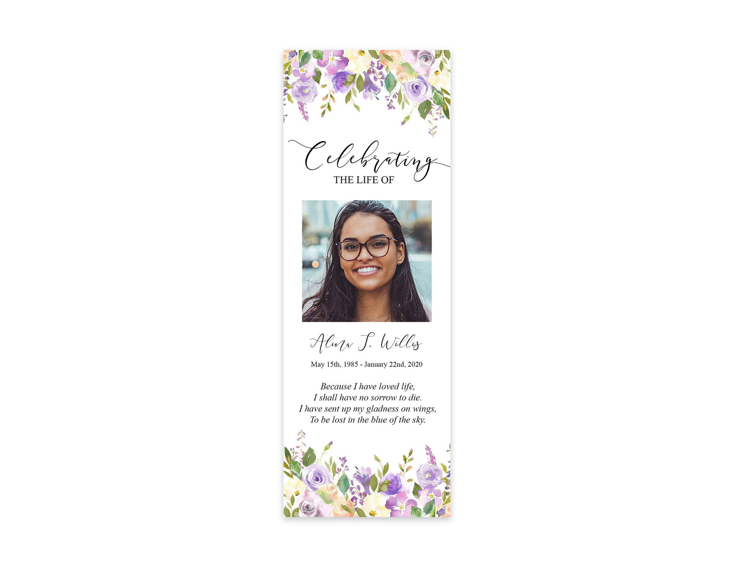 Lilac Funeral Bookmark Keepsake Template - lovingmemoryprints