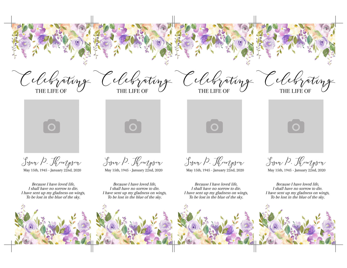 Lilac Funeral Bookmark Keepsake Template - lovingmemoryprints