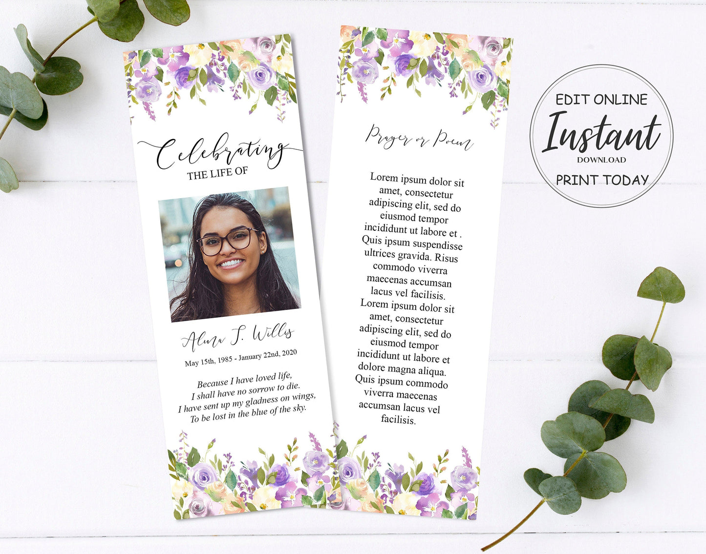 Lilac Funeral Bookmark Keepsake Template - lovingmemoryprints