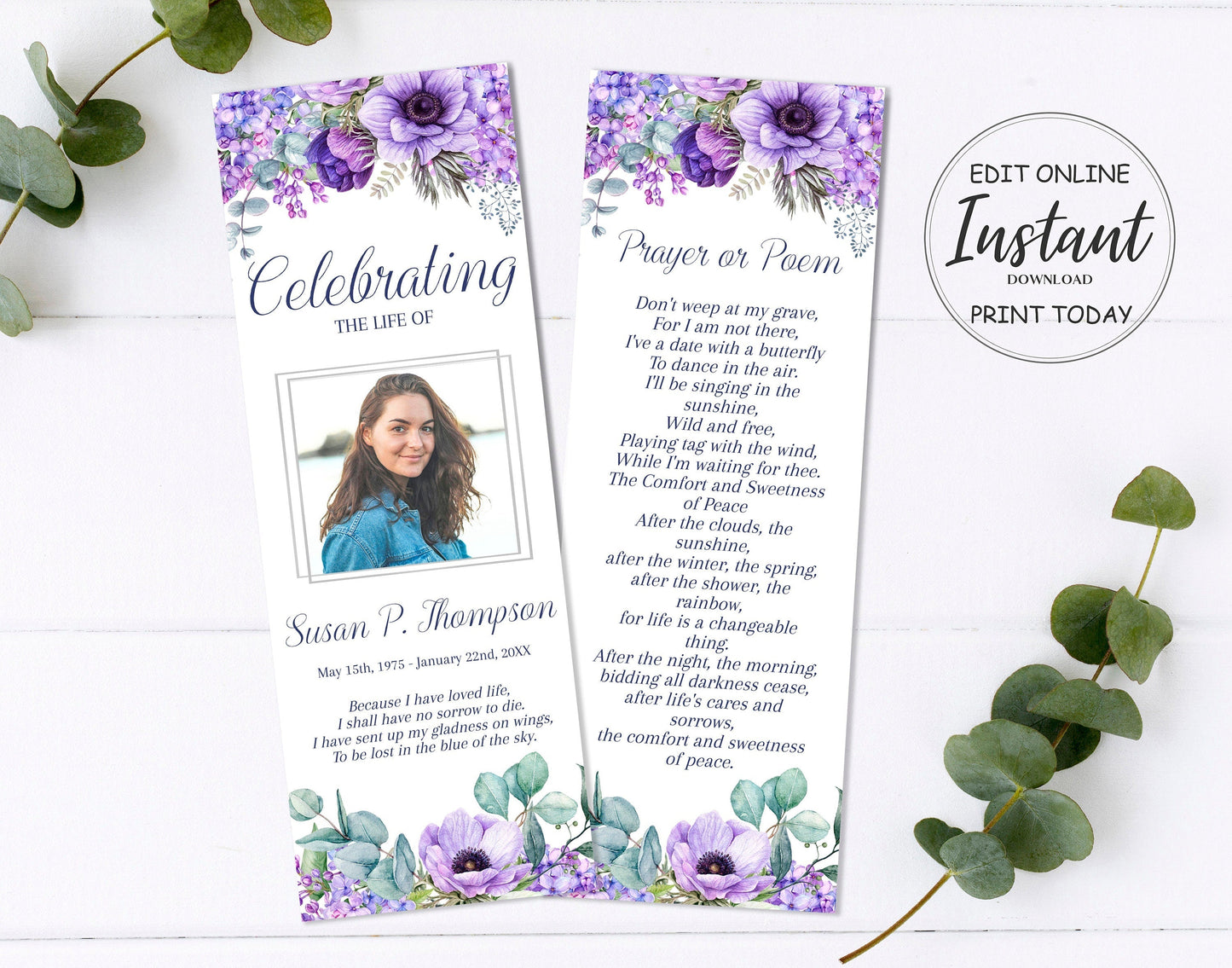 Lilac Funeral Bookmark Template For Keepsake - lovingmemoryprints
