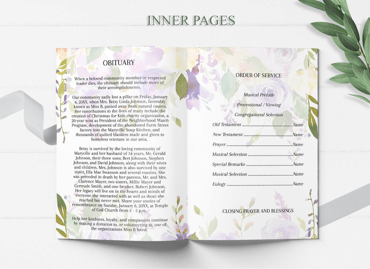 Lilac Funeral Program Template | 8 - Page - lovingmemoryprints