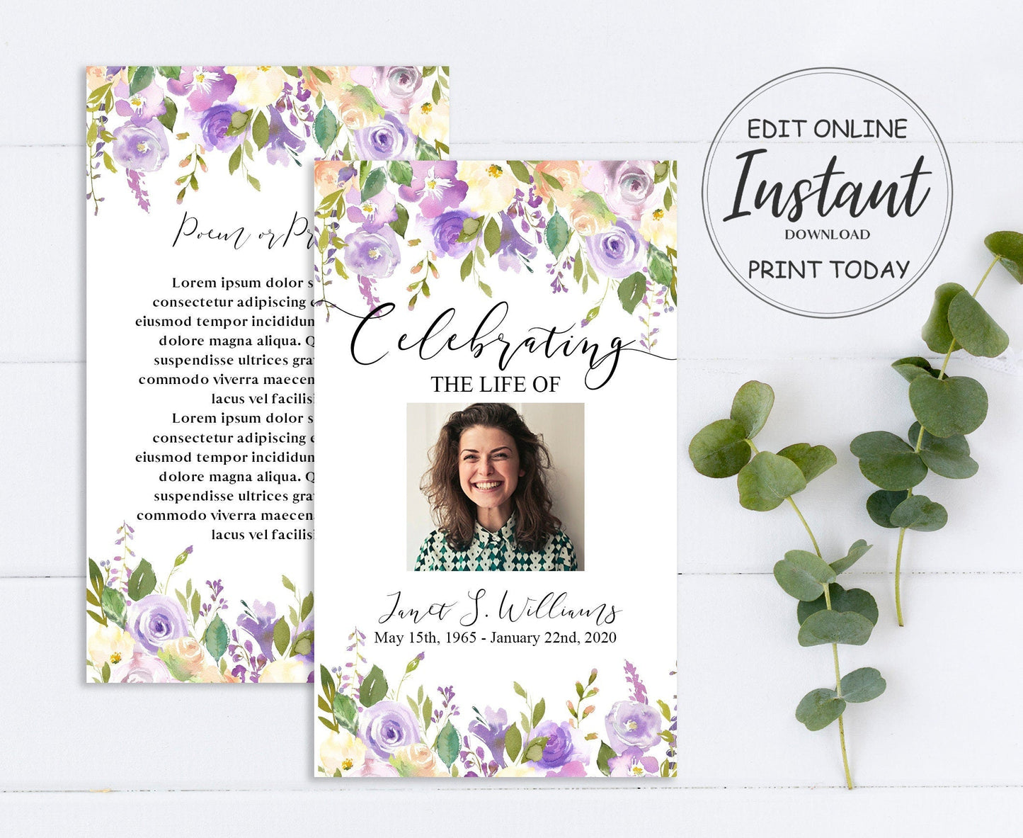 Lilac Theme Funeral Prayer Cards Template - lovingmemoryprints
