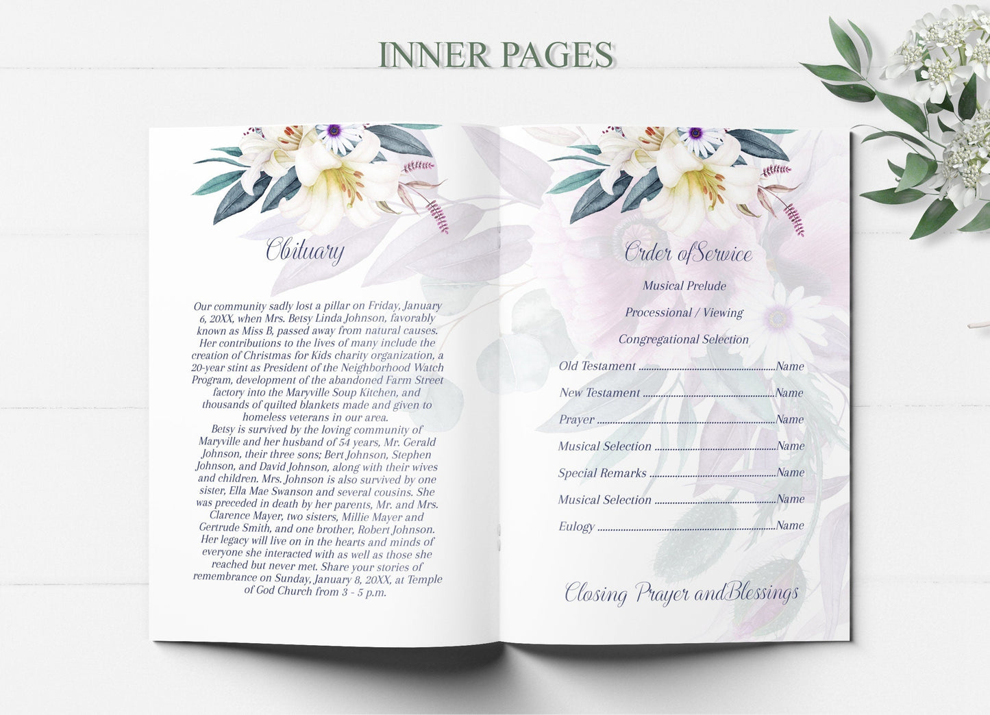 Lily & Purple Floral Funeral Program Template - 8 Page - lovingmemoryprints