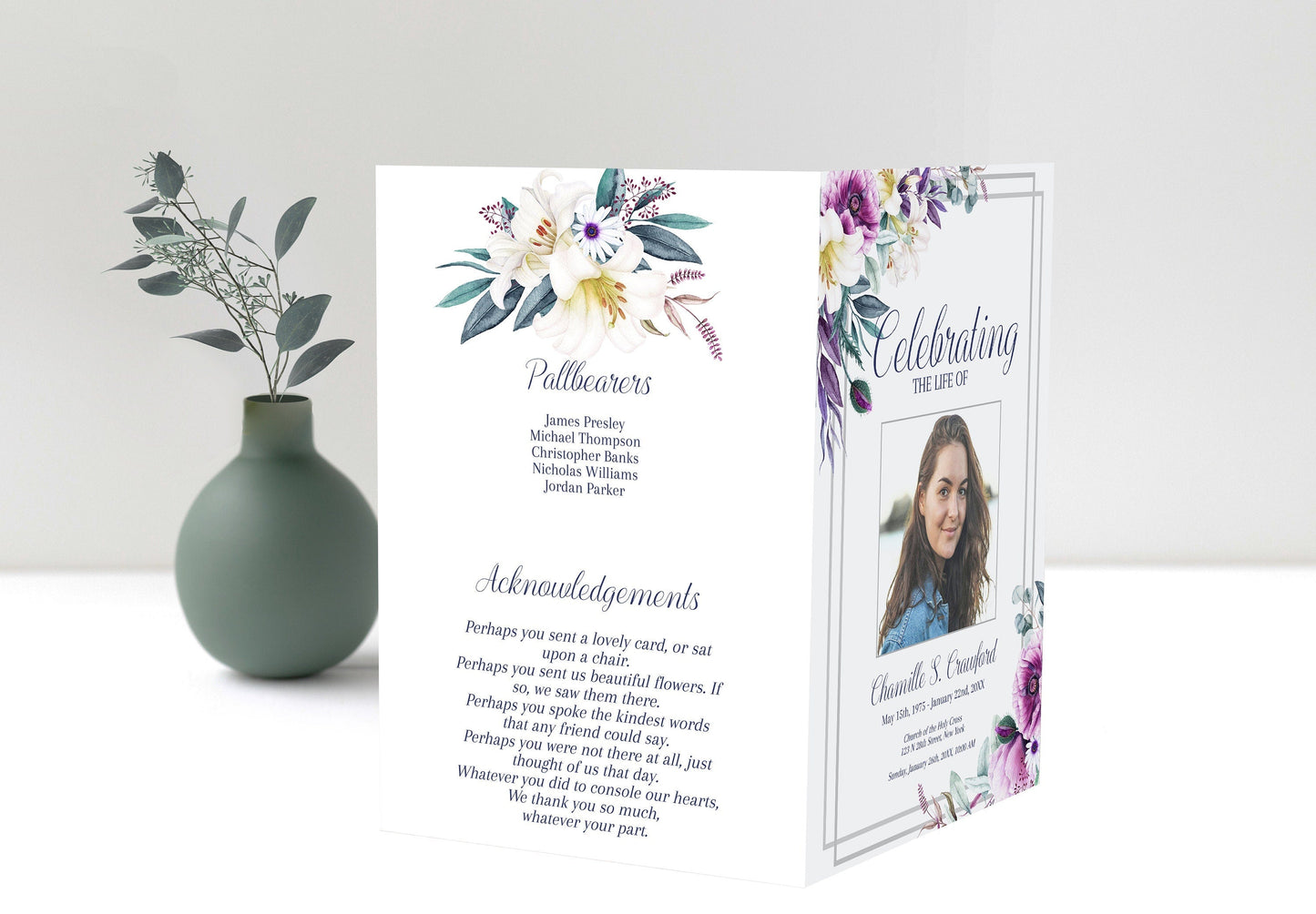 Lily & Purple Floral Funeral Program Template - 8 Page - lovingmemoryprints