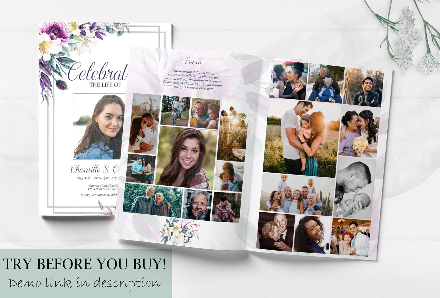 Lily & Purple Floral Funeral Program Template - 8 Page - lovingmemoryprints