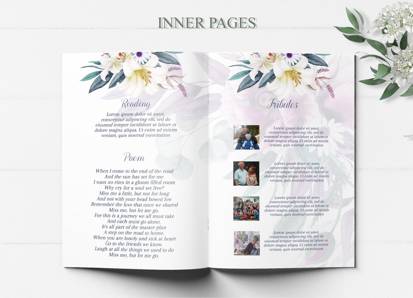 Lily & Purple Floral Funeral Program Template - 8 Page - lovingmemoryprints