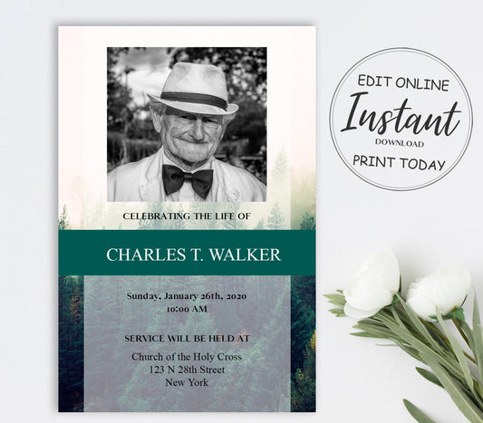 Misty Forest Funeral Announcement Template - lovingmemoryprints