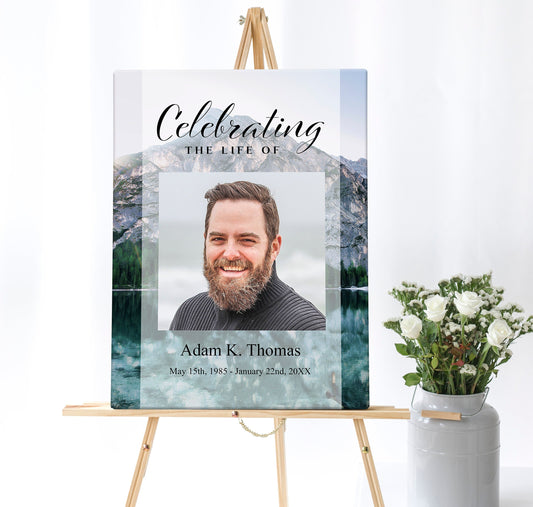 Mountain Editable Funeral Welcome Sign | Blue Funeral Poster Photo Sign | Celebration of Life Sign | Memorial Poster | A110 - lovingmemoryprints