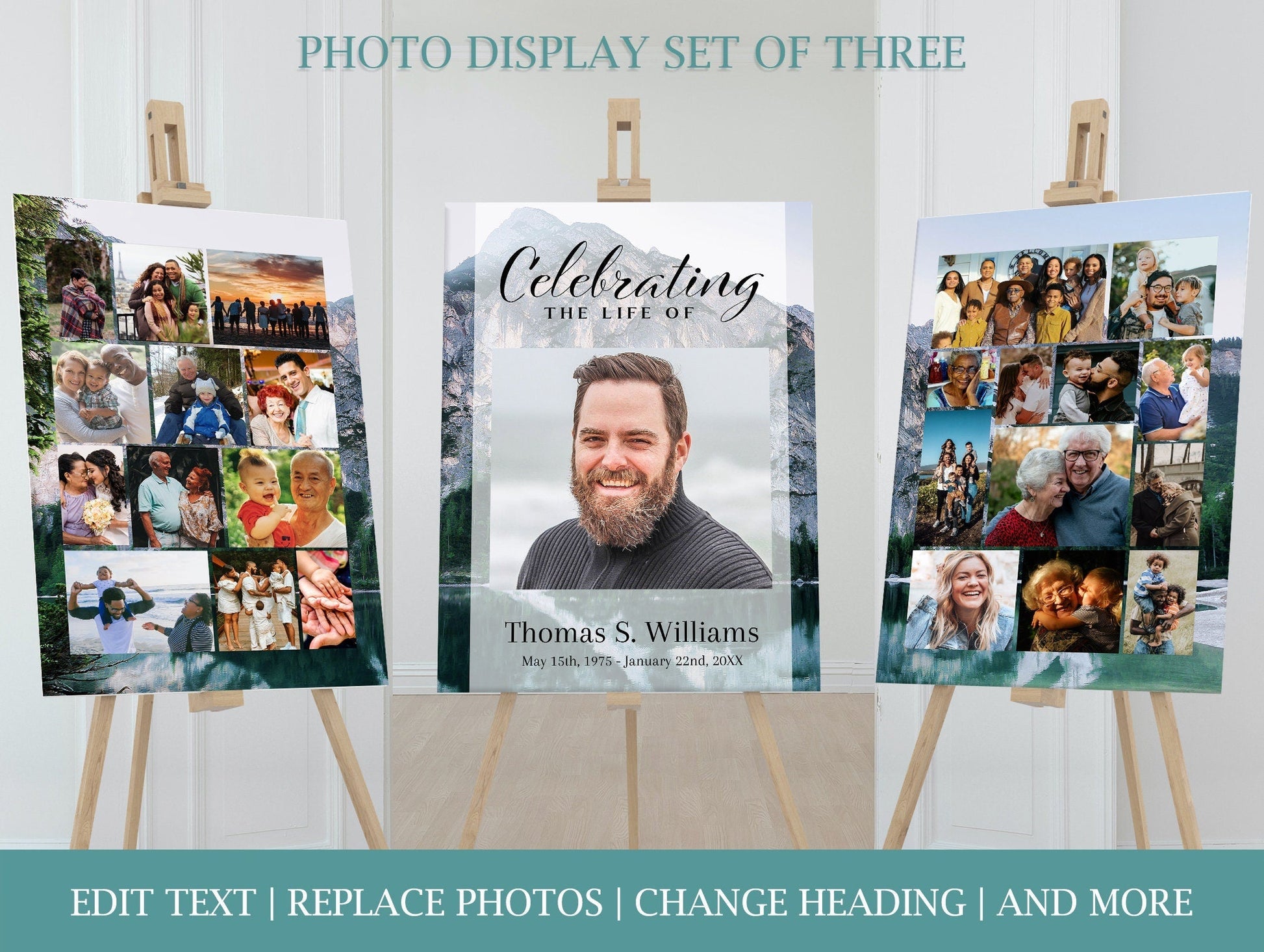 Mountain Funeral Poster Photo Display Set | Memorial Poster for Funeral | Blue Mountain Lake Photo Collage Template | A110 - lovingmemoryprints