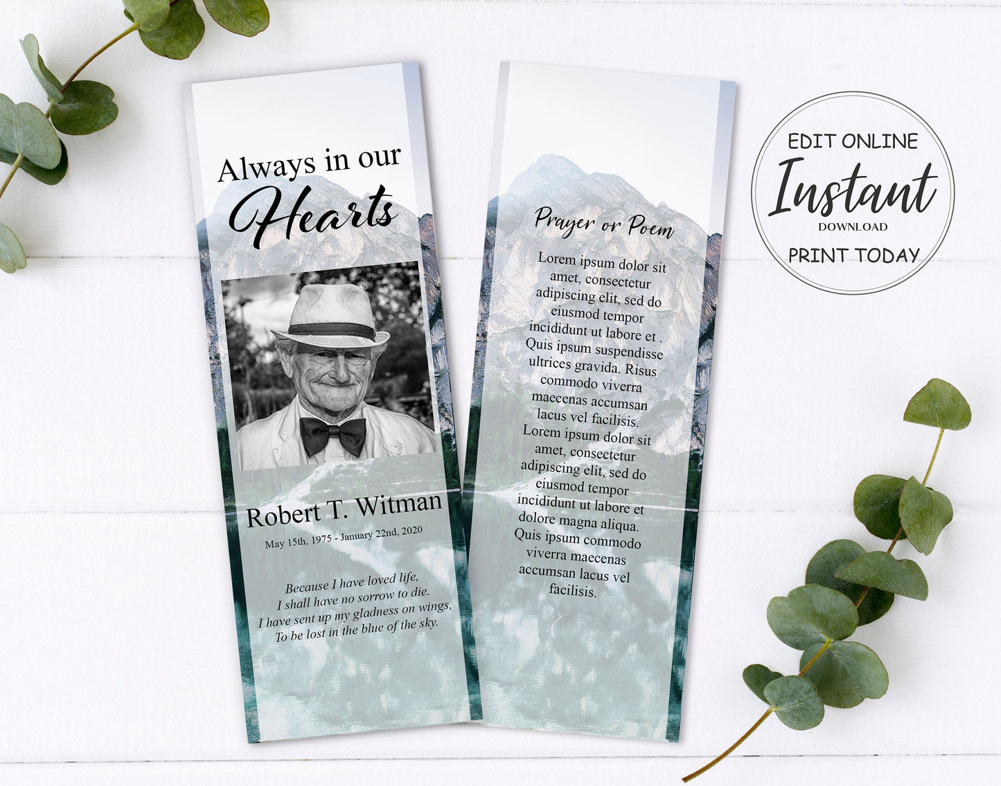 Mountain Lake Front Theme Memorial Bookmarks Template - lovingmemoryprints