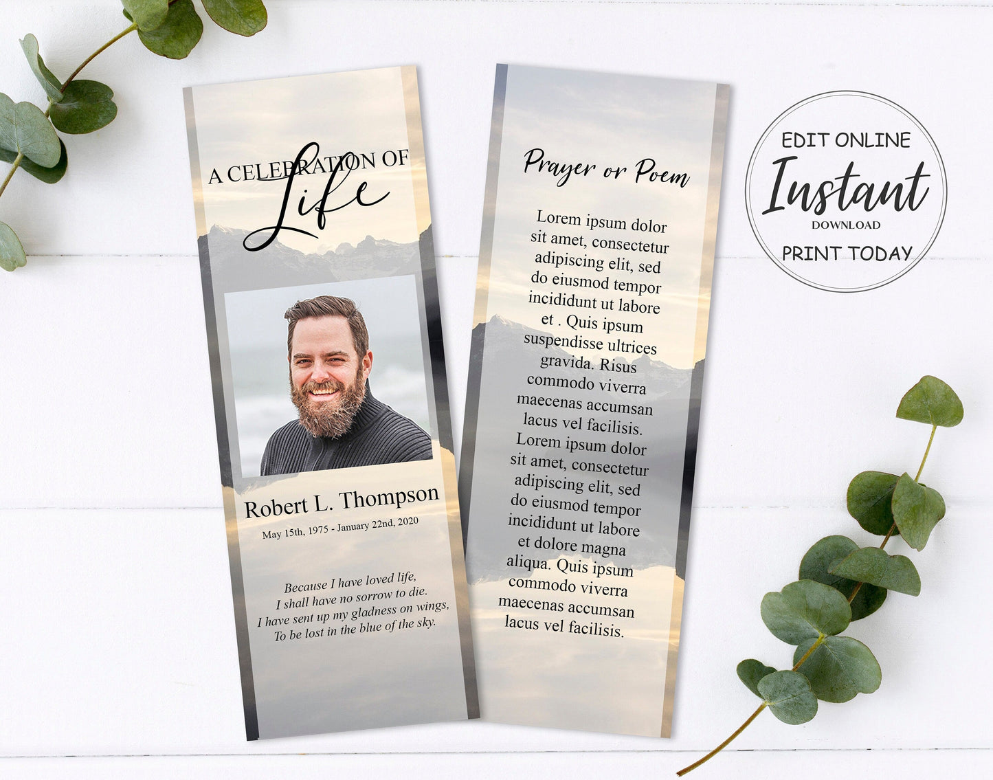 Mountain Lake Funeal Bookmark Template Keepsake - lovingmemoryprints