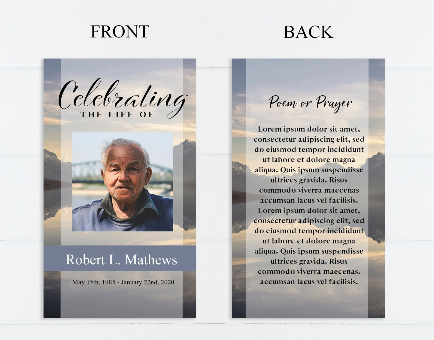 Mountain Lake Funeral Prayer Cards Template - lovingmemoryprints