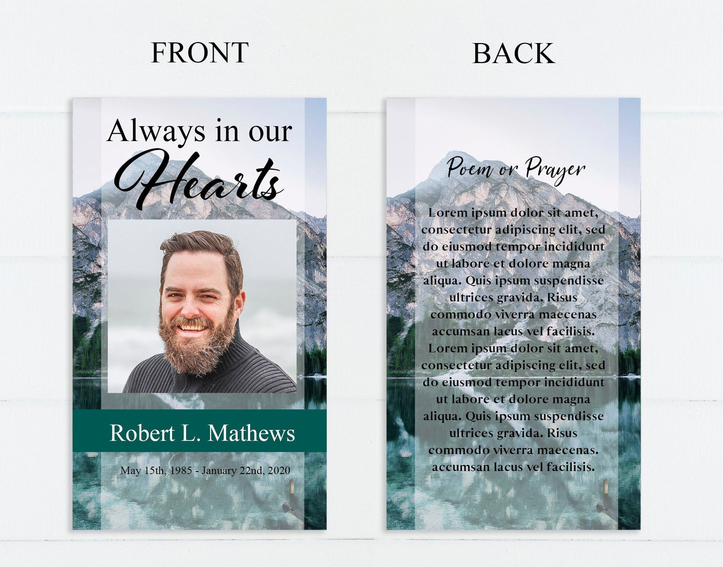 Mountain Lake Funeral Prayer Cards Template - lovingmemoryprints