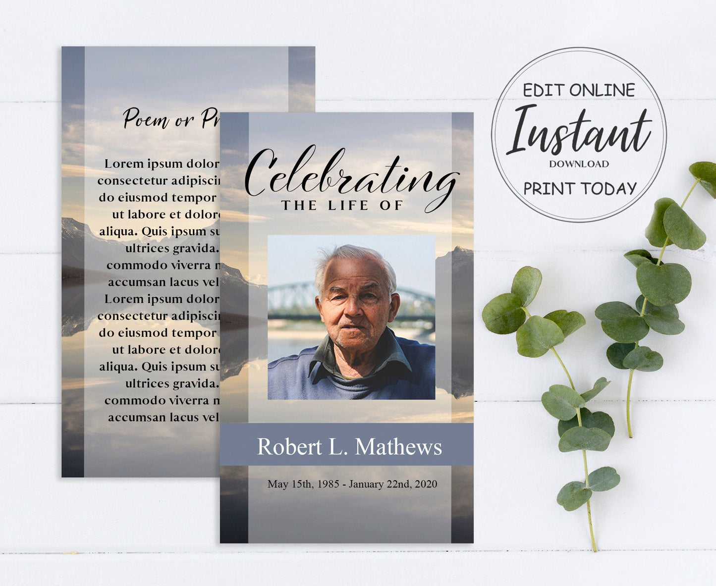 Mountain Lake Funeral Prayer Cards Template - lovingmemoryprints