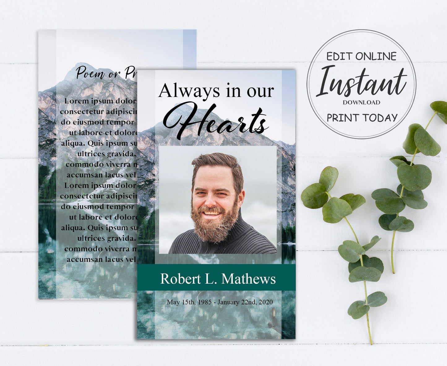 Mountain Lake Funeral Prayer Cards Template - lovingmemoryprints