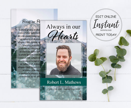 Mountain Lake Funeral Prayer Cards Template - lovingmemoryprints