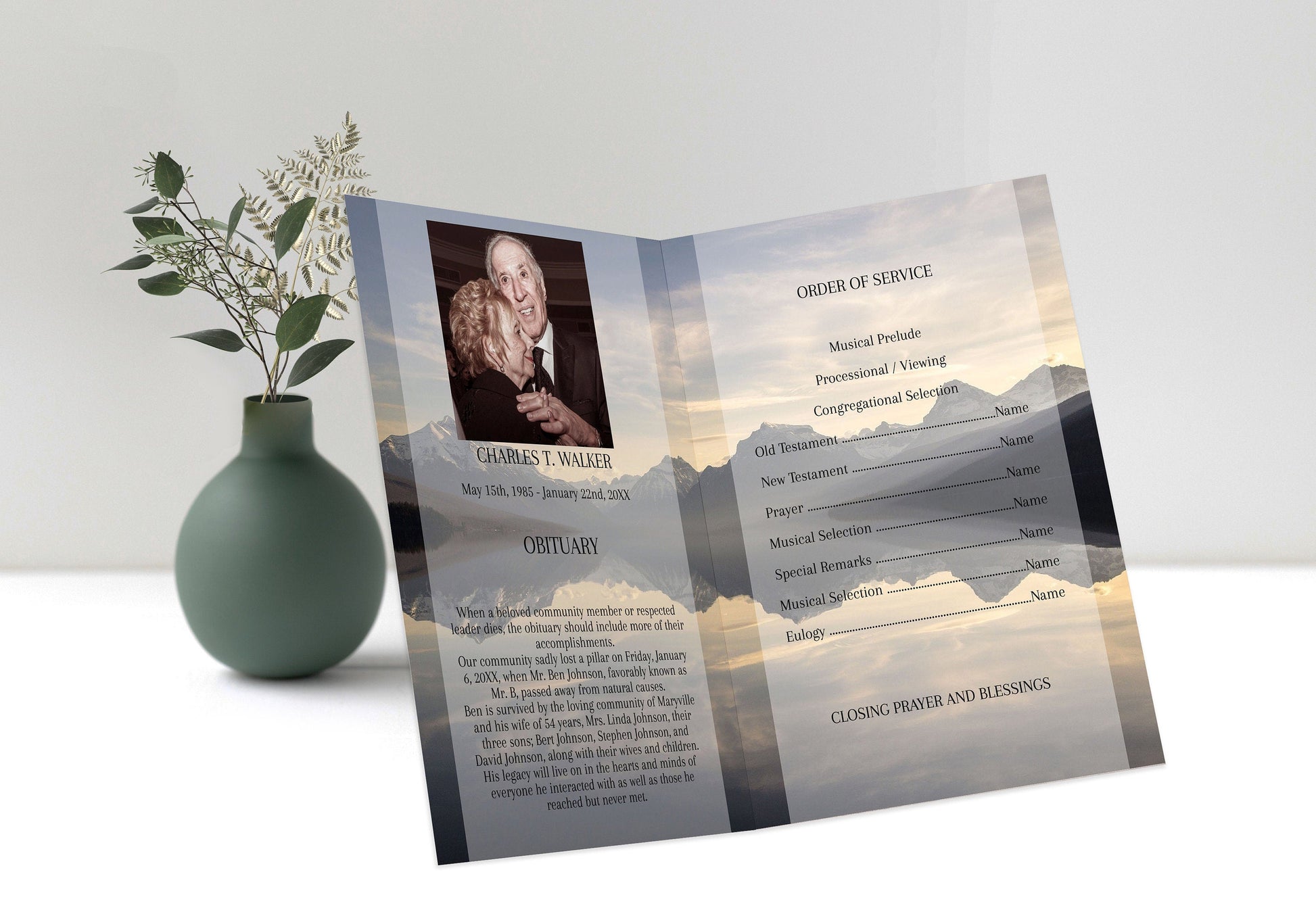 Mountain Lake Funeral Program Template for Man | Obituary Template to Honor Your Loved One | Celebration of Life Program Template | A109 - lovingmemoryprints