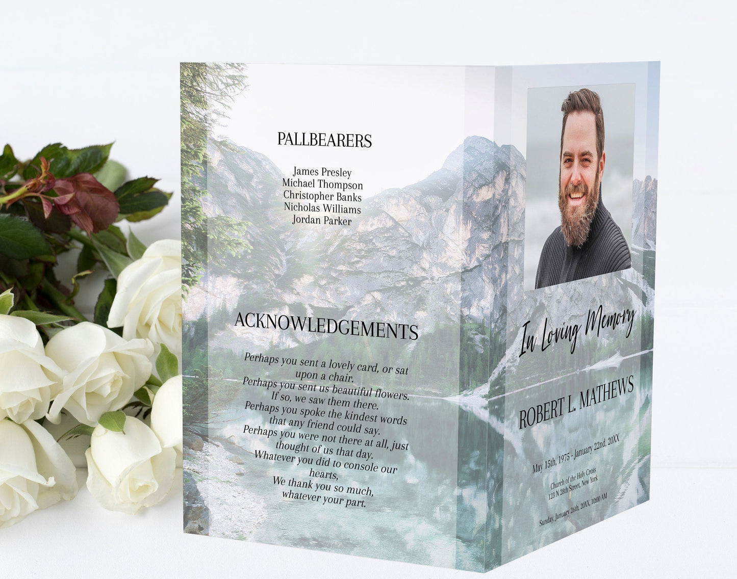 Mountain & Lake Scenery Funeral Program Template - 4 Page - lovingmemoryprints