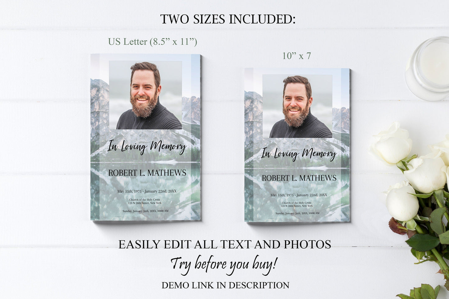 Mountain & Lake Scenery Funeral Program Template - 4 Page - lovingmemoryprints