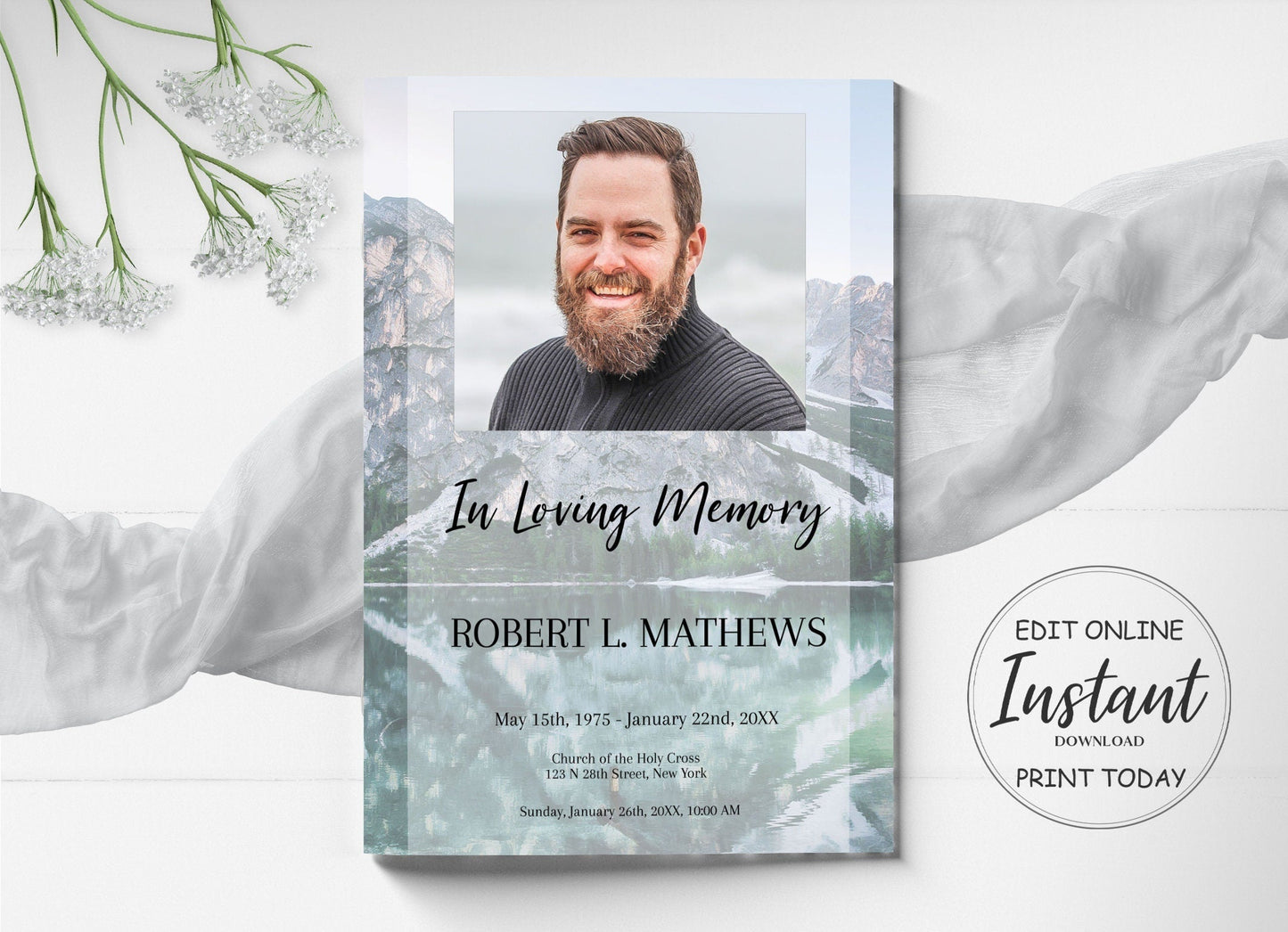 Mountain & Lake Scenery Funeral Program Template - 4 Page - lovingmemoryprints