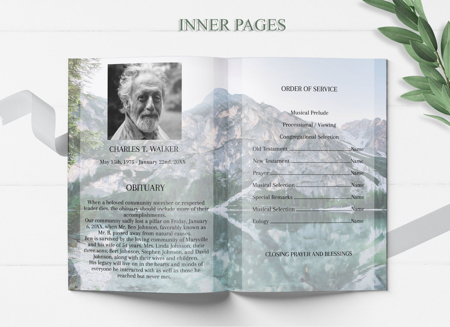 Mountain & Lake Scenery Funeral Program Template - 4 Page - lovingmemoryprints