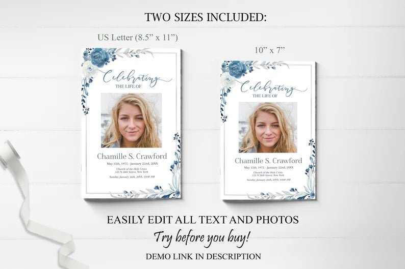 Navy Blue Rose Theme Funeral Program Template - lovingmemoryprints