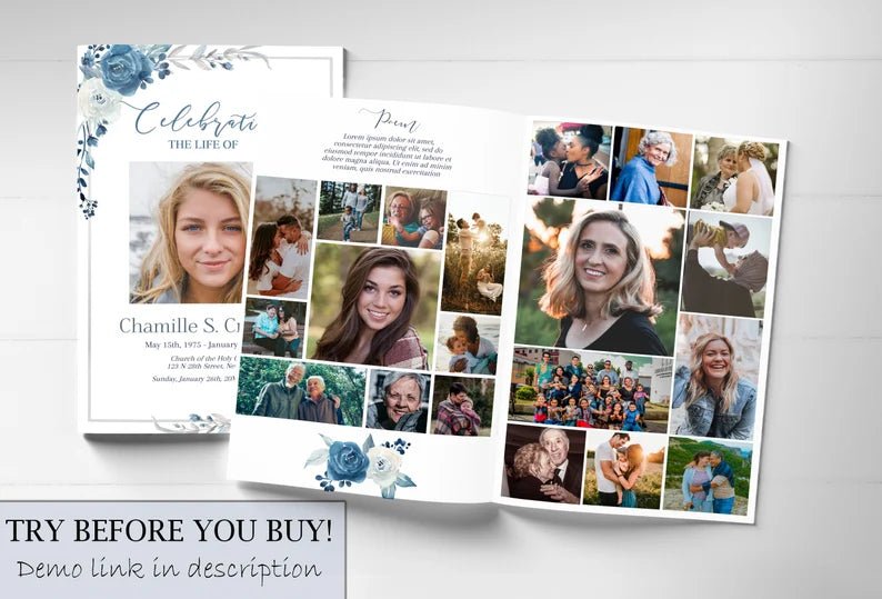 Navy Blue Rose Theme Funeral Program Template - lovingmemoryprints