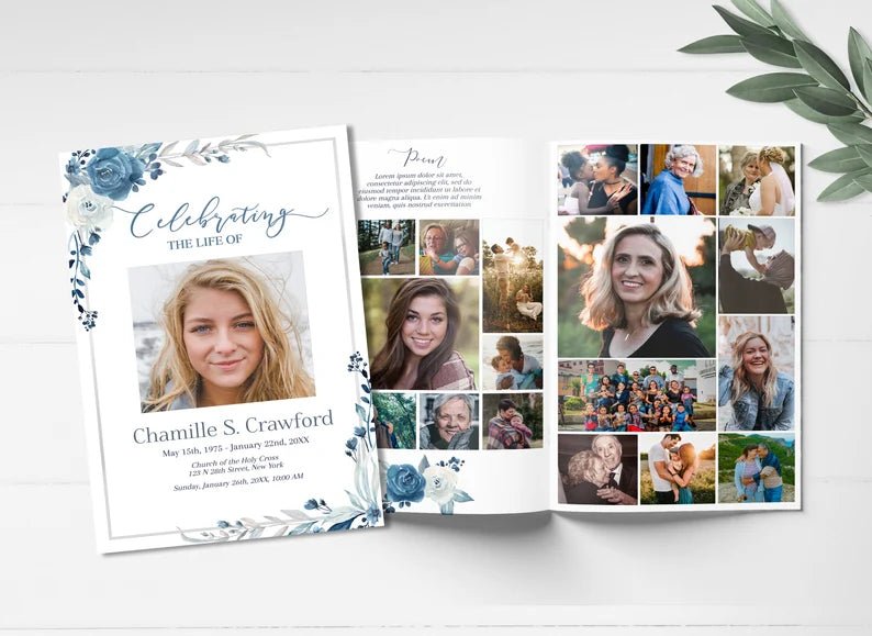 Navy Blue Rose Theme Funeral Program Template - lovingmemoryprints