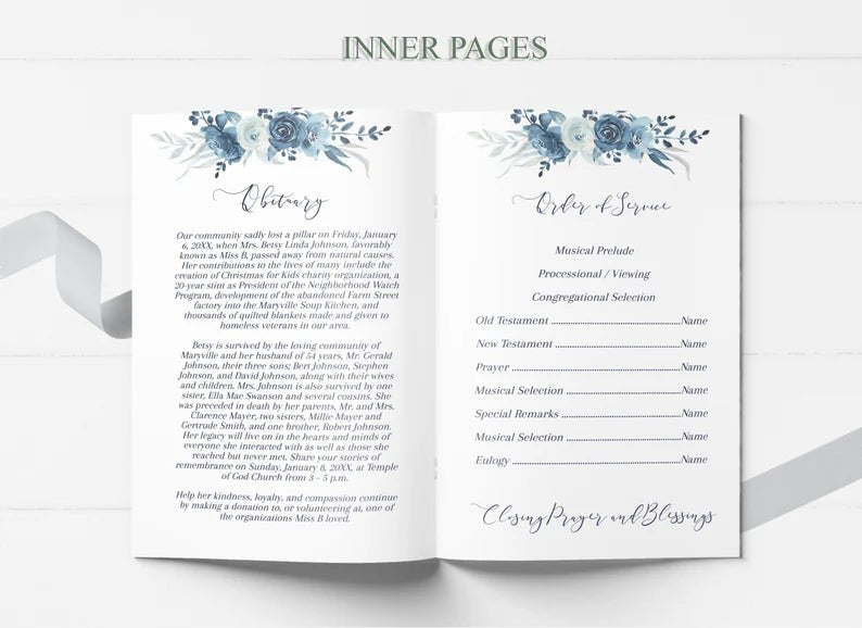 Navy Blue Rose Theme Funeral Program Template - lovingmemoryprints