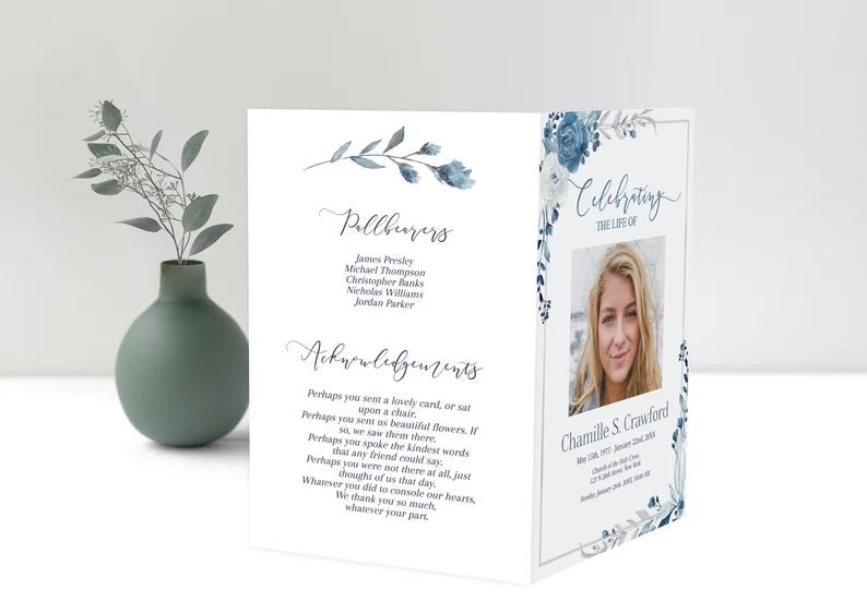 Navy Blue Rose Theme Funeral Program Template - lovingmemoryprints