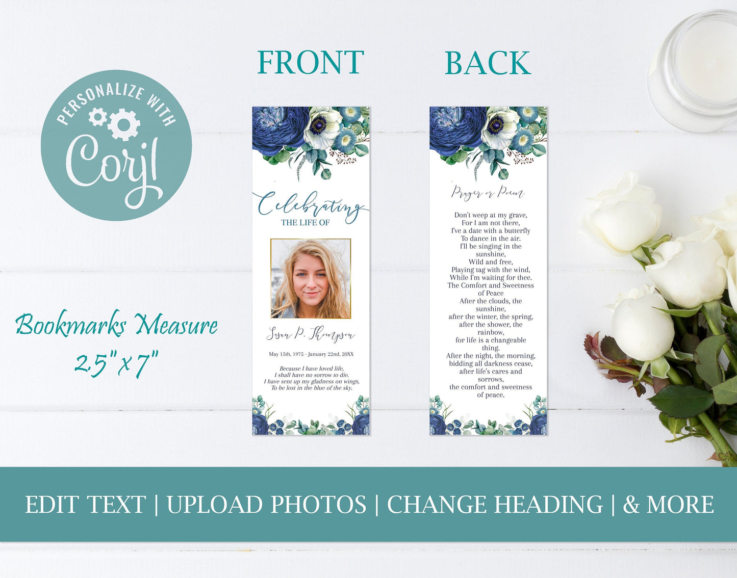 Navy Blue Roses Memorial Bookmarks Templates - lovingmemoryprints