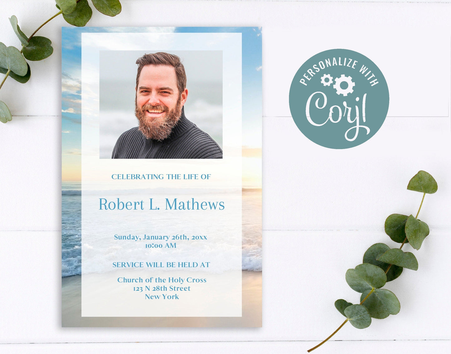 Ocean Sunset Funeral Announcement Template - lovingmemoryprints