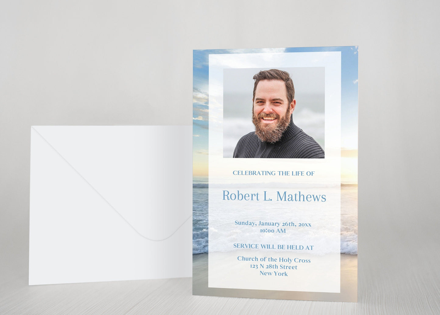 Ocean Sunset Funeral Announcement Template - lovingmemoryprints