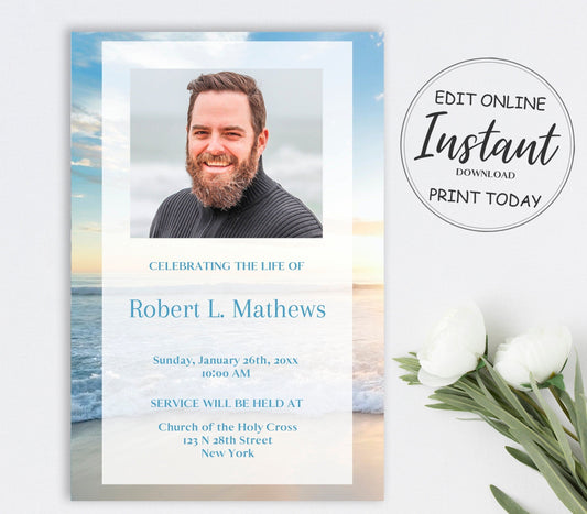 Ocean Sunset Funeral Announcement Template - lovingmemoryprints