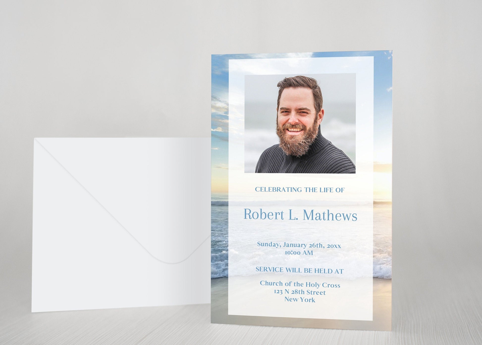 Ocean Sunset Funeral Announcement Template - lovingmemoryprints