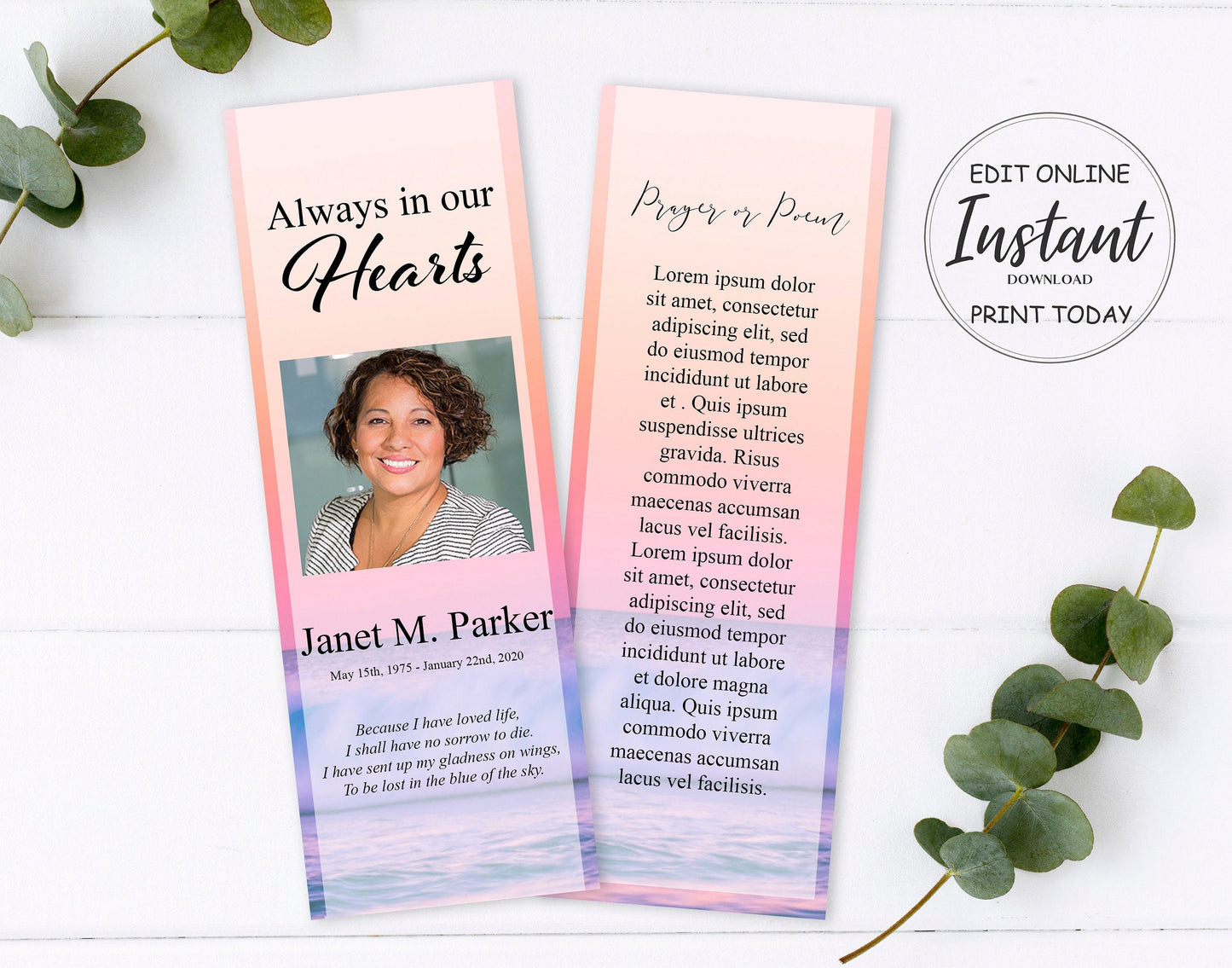 Ocean Sunset Funeral Bookmark Keepsake Template - lovingmemoryprints