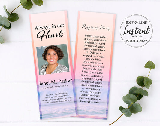 Ocean Sunset Funeral Bookmark Keepsake Template - lovingmemoryprints