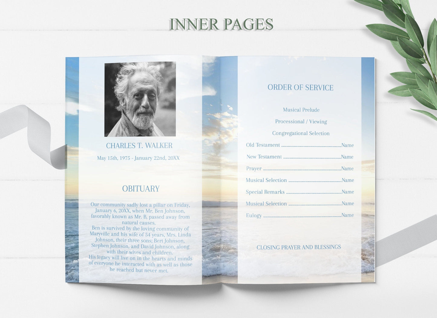 Ocean Sunset Funeral Program Template - 4 Page - lovingmemoryprints