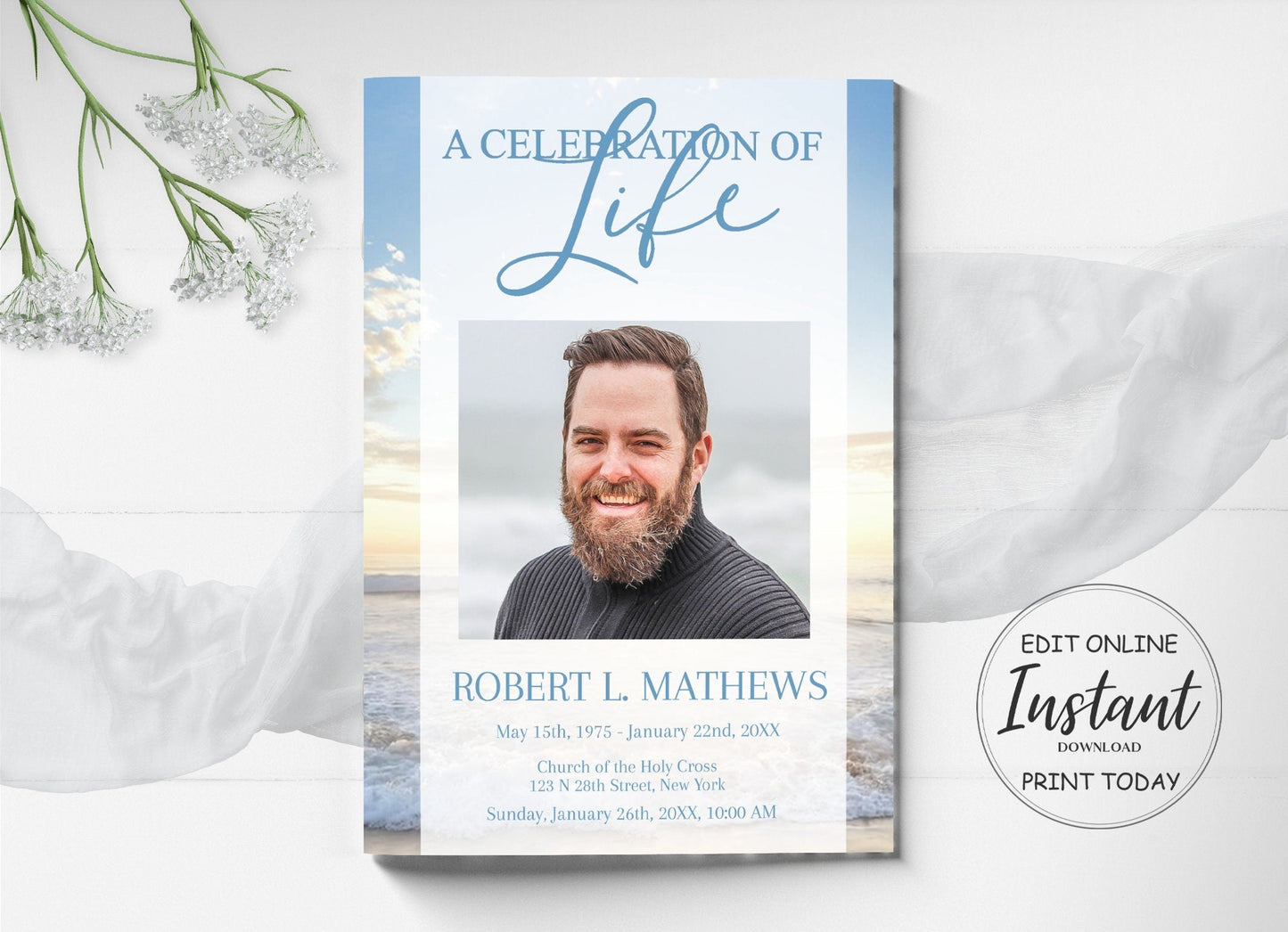 Ocean Sunset Funeral Program Template - 4 Page - lovingmemoryprints