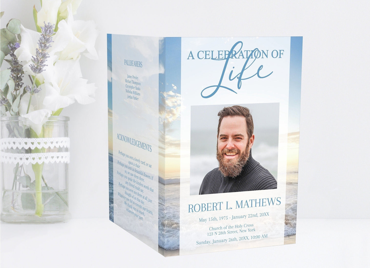 Ocean Sunset Funeral Program Template - 4 Page - lovingmemoryprints