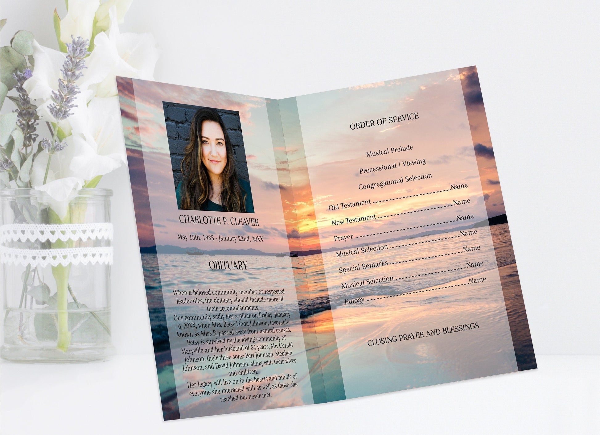 Ocean Sunset Funeral Program Template for Woman | Obituary Template | Celebration of Life Program | Memorial Program Template | A119 - lovingmemoryprints