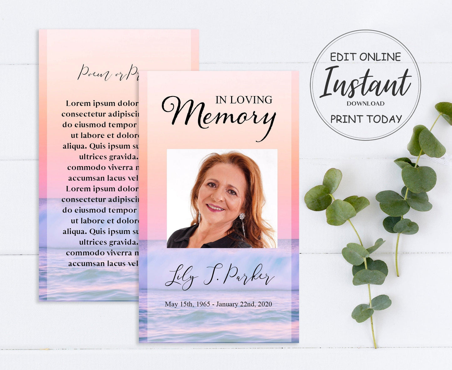 Ocean Sunset Theme Funeral Prayer Cards Template - lovingmemoryprints
