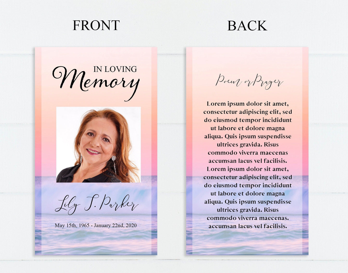Ocean Sunset Theme Funeral Prayer Cards Template - lovingmemoryprints