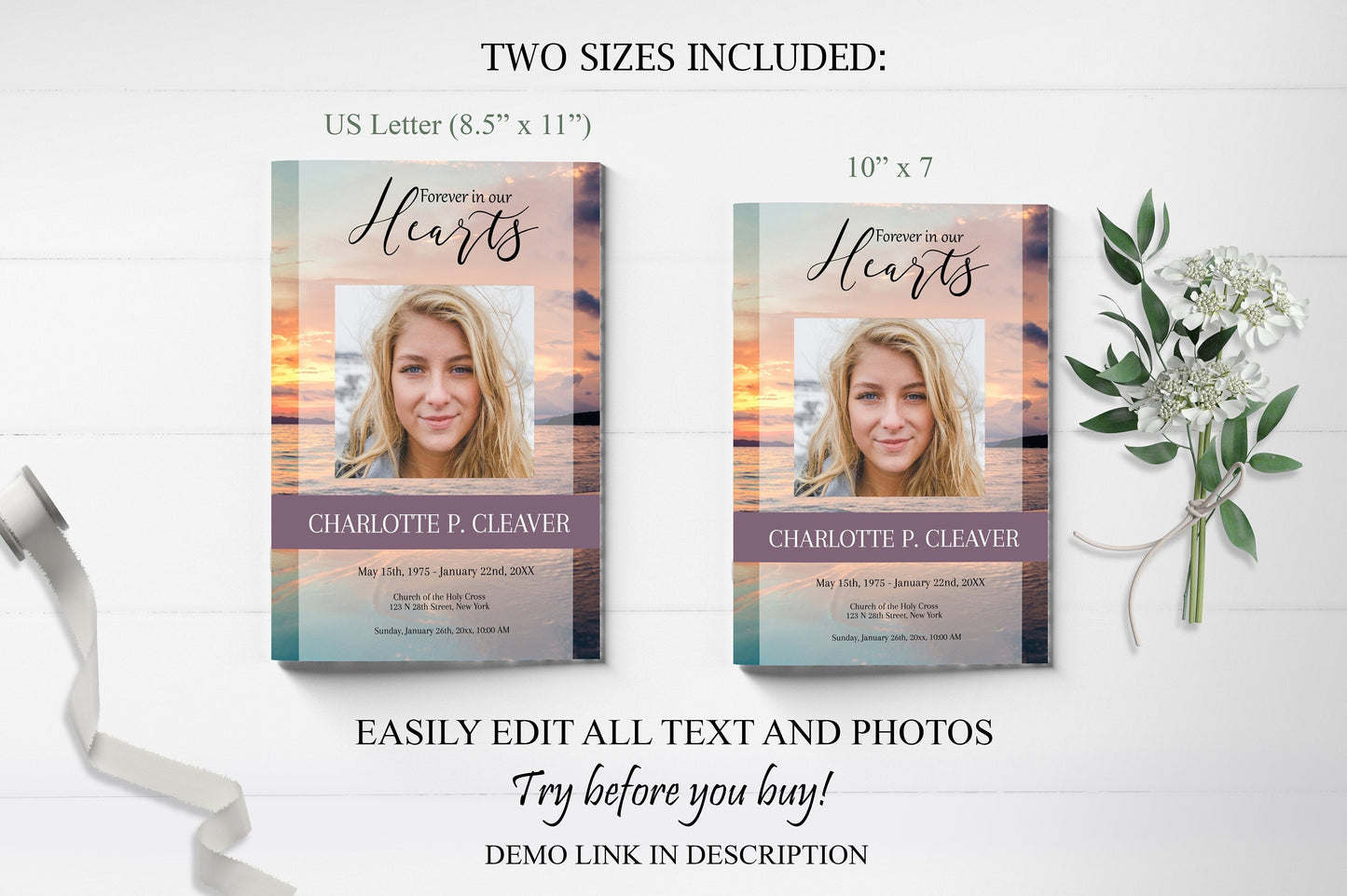 Orange Clouds Ocean Sunset Funeral Program Template - 8 Page - lovingmemoryprints