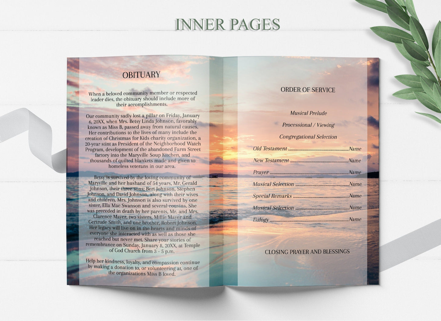 Orange Clouds Ocean Sunset Funeral Program Template - 8 Page - lovingmemoryprints