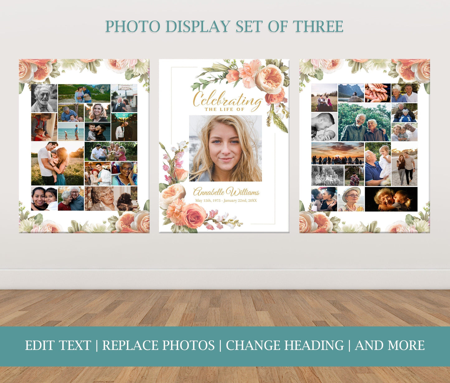 Peach Floral Funeral Poster Photo Display - Set of 3 - lovingmemoryprints