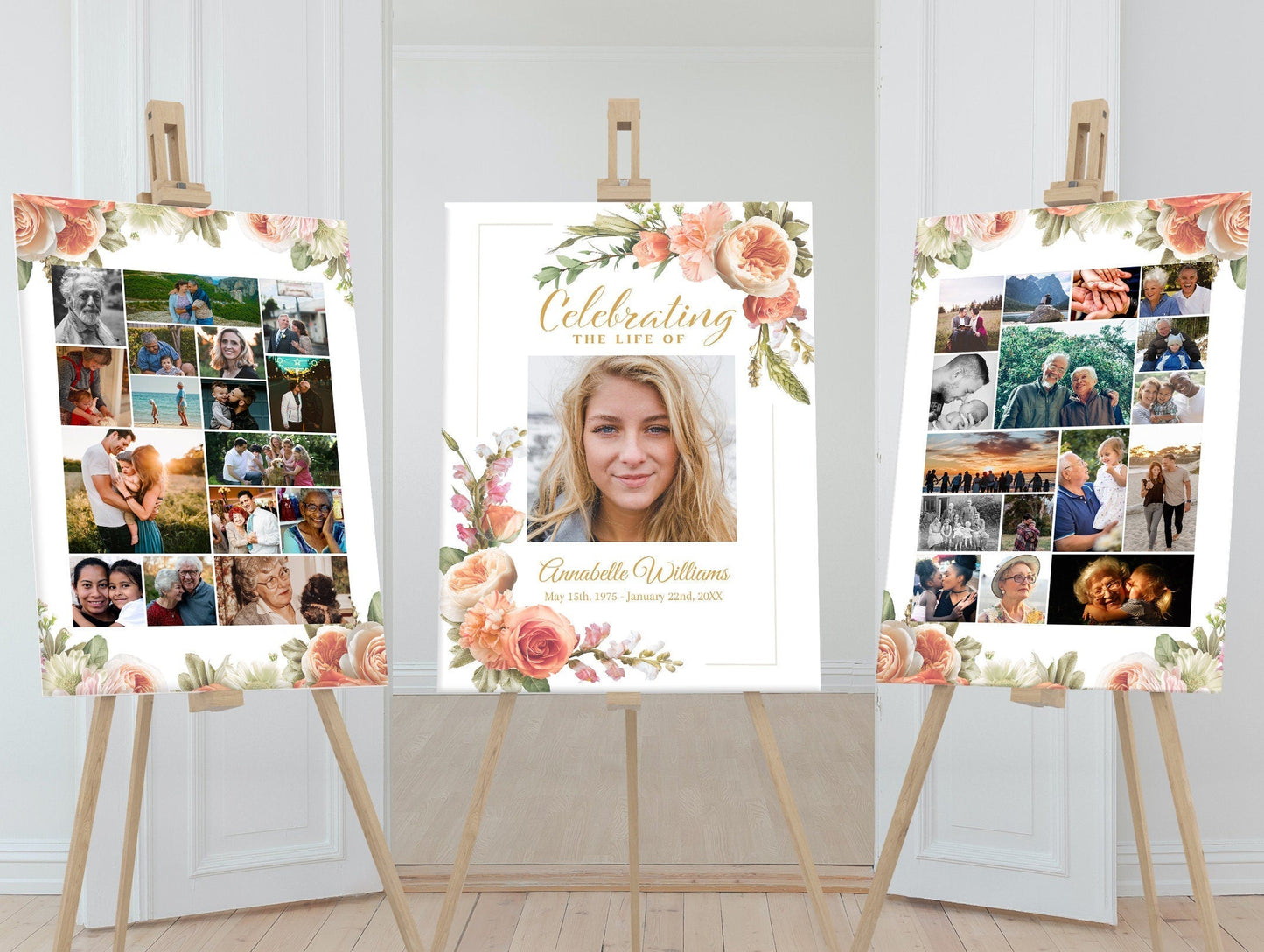 Peach Floral Funeral Poster Photo Display - Set of 3 - lovingmemoryprints