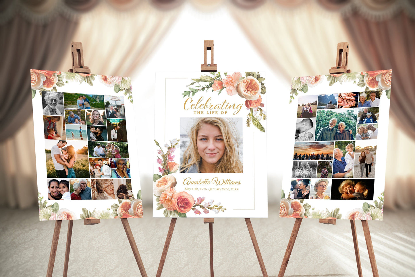 Peach Floral Funeral Poster Photo Display - Set of 3 - lovingmemoryprints