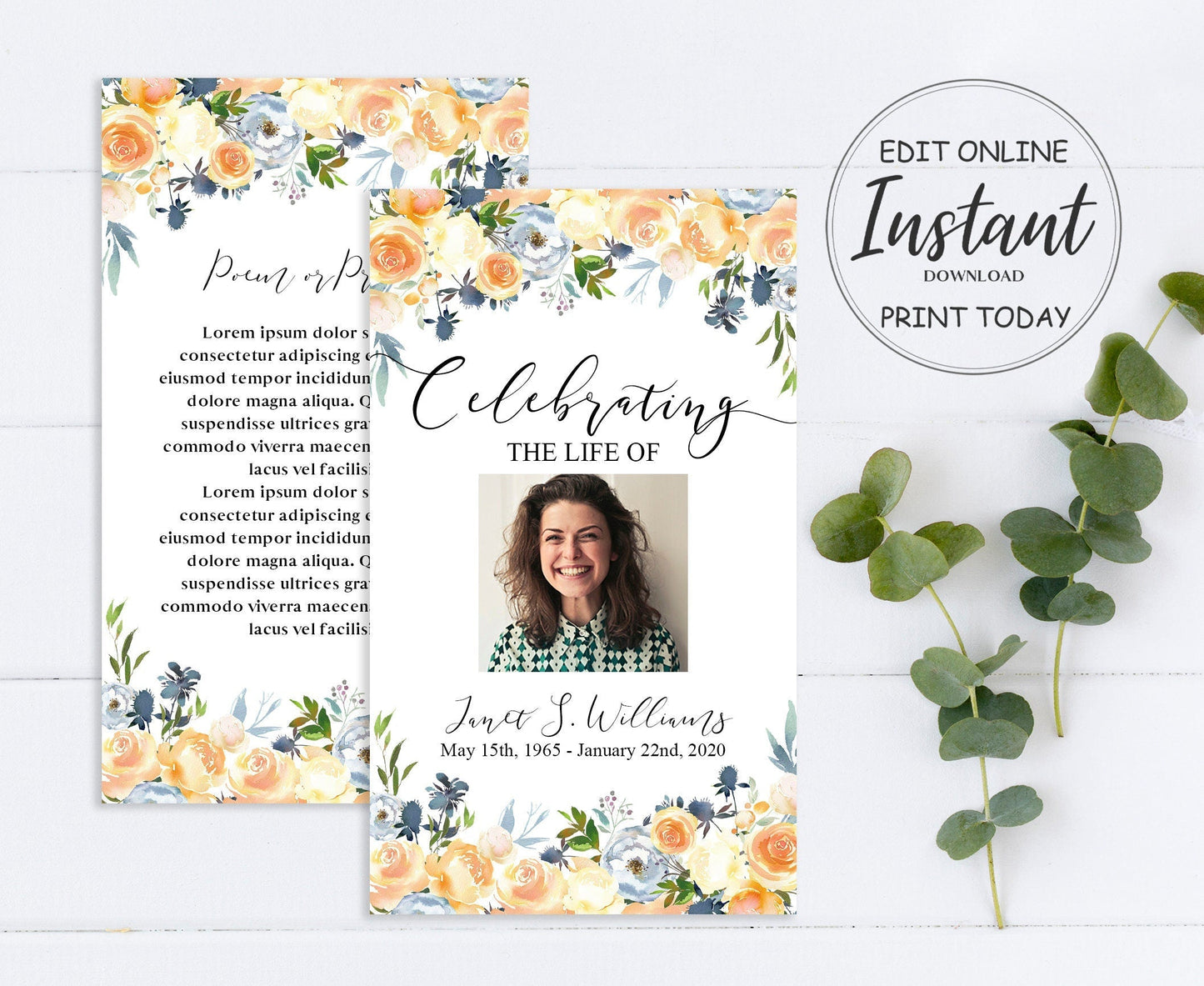 Peach Floral Funeral Prayer Cards Template - lovingmemoryprints