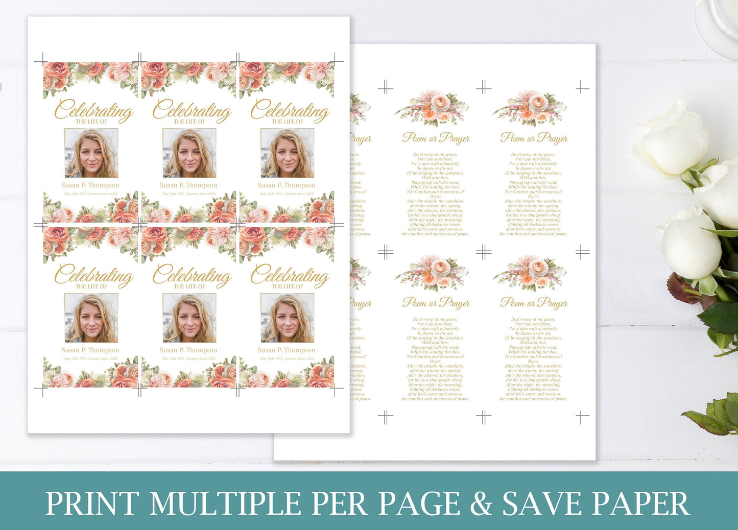 Peach Floral Themed Funeral Prayer Cards Template - lovingmemoryprints